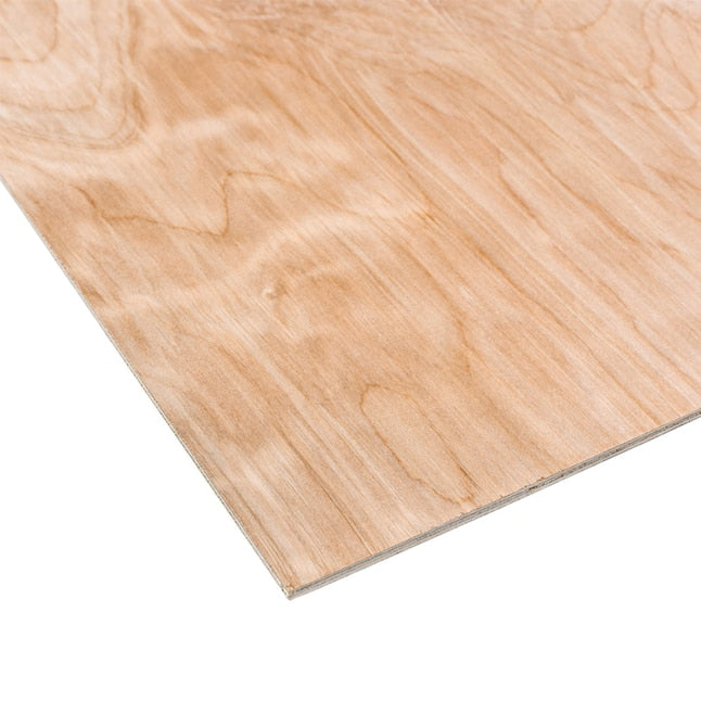 A close-up of Go Build 1/4-in x 2-ft x 4-ft Lauan Plywood shows smooth, light-colored wood grain, making it an ideal underlayment. The Fastest Way To Build.